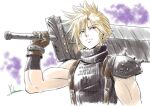  1boy blonde_hair blue_eyes buster_sword cloud_strife expressionless final_fantasy final_fantasy_vii gloves looking_at_viewer male_focus over_shoulder signature single_shoulder_pad sketch sleeveless sleeveless_turtleneck solo spiked_hair sweater sword sword_over_shoulder turtleneck turtleneck_sweater upper_body weapon weapon_over_shoulder yoshinaga_masahiro 