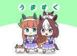  2girls :3 animal_ears aqua_eyes assist_(2828) blunt_bangs blunt_tresses blush_stickers bow bowtie braid bright_pupils brown_footwear brown_hair chibi commentary creature doughnut ear_bow ear_covers eating food french_braid green_background hair_between_eyes hair_ornament hairband highres holding holding_food horse_ears horse_girl horse_tail long_hair long_sleeves medium_hair multicolored_hair multiple_girls onigiri orange_hair oversized_food oversized_object pac-man_eyes pleated_skirt purple_bow purple_eyes purple_sailor_collar purple_skirt sailor_collar sailor_shirt school_uniform shadow shirt sidelocks silence_suzuka_(umamusume) skirt special_week_(umamusume) sprinkles striped_clothes striped_hairband sukusuku_hakutaku tail tracen_school_uniform translated two-tone_background two-tone_hair umamusume waist_bow walking white_background white_bow white_bowtie white_hair white_hairband winter_uniform 