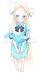  1girl angel&#039;s_24_uniform_(blue_archive) angel_wings apron barefoot black_bow black_bowtie blonde_hair blue_apron blue_archive blue_eyes blue_halo blush bow bowtie closed_mouth collared_shirt full_body halo highres long_hair polo_shirt shirt short_sleeves simple_background solo sora_(blue_archive) toes two_side_up valentine_(02140314c) white_background white_shirt white_wings wings 