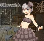  1girl angry armband child cob_web flat_chest hat loli looking_at_viewer lowres midriff minecraft navel open_mouth personification short_hair silver_eyes silver_fish silver_hair silverfish_(minecraft) skirt 