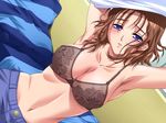  1girl bed black_rainbow blue_eyes blush bra breasts brown_bra brown_hair cleavage earrings game_cg indoors jewelry large_breasts looking_at_viewer short_hair sitting solo soukan_yuugi sweat underwear undressing yoshino_keiko 