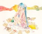 1girl arrow_(symbol) bare_legs bird blue_hair bow commentary_request facial_tattoo hand_on_own_cheek hand_on_own_face hatsune_miku highres long_hair long_sleeves painting_(medium) paper pill red_eyes shizumi_(saluck) skirt slow_motion_(vocaloid) smile socks solo squatting tattoo traditional_media twintails unworn_clothes unworn_socks very_long_hair vocaloid watercolor_(medium) white_socks 
