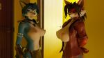 2021 3d_(artwork) accessory anthro armor bedroom_eyes big_breasts black_hair blue_body blue_ears blue_fur blue_hair blue_tail bottomwear bracelet breasts canid canine choker clothed clothing collar digital_media_(artwork) door duo female female_anthro fox fur furniture gauntlets gloves gold_(metal) gold_jewelry green_eyes hair hand_behind_back handwear hi_res inside jewelry krystal_(star_fox) loincloth looking_at_viewer mammal markings mostly_clothed mostly_nude multicolored_body multicolored_ears multicolored_fur narrowed_eyes necklace nintendo nipples no_bra nude open_clothing open_shirt open_topwear orange_body orange_ears orange_fur panties red_eyes seductive shirt smallking smile smiling_at_viewer star_fox tail tattoo topless topwear tribal tribal_armor tribal_clothing tribal_jewelry tribal_markings tribal_necklace tribal_outfit tribal_tattoo underwear warfare_krystal warfare_machine warfare_yennsee white_body white_fur white_inner_ear white_markings white_tail white_tattoo yennsee_miller