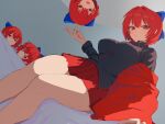  1girl bare_legs black_shirt blue_bow bow breasts commentary_request disembodied_head hair_bow highres large_breasts looking_at_viewer miniskirt moriforest1040 multiple_heads red_eyes red_hair red_skirt sekibanki shirt short_hair skirt solo touhou 