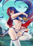  1girl alear_(female)_(fire_emblem) alear_(fire_emblem) bare_arms bare_shoulders blue_bra blue_eyes blue_hair blue_panties blue_sky bra commentary day fire_emblem fire_emblem_engage heterochromia highres holding holding_sword holding_weapon liberation_(fire_emblem) long_hair multicolored_hair open_mouth outdoors panties red_eyes red_hair ryuuneart sky solo split-color_hair sword thighhighs underwear underwear_only very_long_hair weapon white_thighhighs 