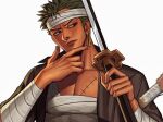  1boy abs bandaged_arm bandaged_chest bandaged_head bandages black_eyes closed_mouth collarbone earrings green_hair holding holding_sword holding_weapon jewelry katana male_focus one_piece roronoa_zoro scar scar_on_chest short_hair simple_background single_earring solo sword weapon white_background yoleviii 