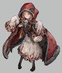  1girl arched_bangs ascot bag black_footwear blonde_hair blood blood_on_clothes boots cape cross-laced_footwear dress full_body fur-trimmed_cape fur_trim grey_background highres hood hood_up hooded_cape kajaneko lace-up_boots little_red_riding_hood little_red_riding_hood_(grimm) long_hair long_sleeves looking_at_viewer orange_eyes shoulder_bag simple_background sleeves_past_wrists solo standing tailcoat white_ascot white_dress 