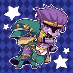  2boys argyle_background belt chain chibi chibi_only closed_mouth coat colored_skin earrings fingerless_gloves full_body fundoshi gloves green_coat green_eyes green_hair green_hat green_pants hand_on_own_hip japanese_clothes jewelry jojo_no_kimyou_na_bouken kotorai kujo_jotaro long_coat male_focus multiple_belts multiple_boys no_nose open_mouth outline pants punching purple_eyes purple_hair purple_skin standing star_(symbol) star_platinum stardust_crusaders white_outline 