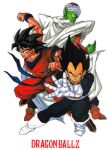  1990s_(style) 3boys aiming aiming_at_viewer black_eyes black_hair boots cape clenched_hands colored_skin copyright_name dougi dragon_ball dragon_ball_z gloves green_skin grin highres looking_at_viewer looking_back male_focus multiple_boys muscular muscular_male namekian non-web_source official_art open_hand open_mouth outstretched_arm piccolo pointy_ears retro_artstyle saiyan saiyan_armor scan simple_background smile son_goku toriyama_akira turban vegeta white_background white_footwear white_gloves widow&#039;s_peak wrist_cuffs 
