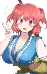  1girl absurdres breasts cleavage coin commentary hair_bobbles hair_ornament hashiro_fumi heart highres large_breasts looking_at_viewer obi onozuka_komachi red_eyes red_hair sash short_hair short_sleeves simple_background solo touhou two_side_up upper_body v white_background 