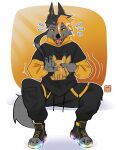 2023 anthro black_hair black_nose canid canine clothed clothing fox fully_clothed fur generation_1_pokemon gesture grey_body grey_fur hair hi_res hoodie jewelry kaionart looking_at_viewer male mammal necklace nintendo pikachu pokemon pokemon_(species) sex_gesture simple_background solo suggestive suggestive_gesture tongue topwear yellow_eyes