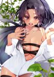  1girl 6_may_6 ass_visible_through_thighs black_hair black_thighhighs blurry blurry_background breasts chest_strap cleavage cowboy_shot dark-skinned_female dark_skin earrings hair_between_eyes highres jewelry leaf long_hair mole mole_on_breast mole_under_eye nijisanji nijisanji_en no_pants off_shoulder open_mouth plant red_eyes red_nails scarle_yonaguni shadow shirt solo sweat thighhighs twitter_username virtual_youtuber white_shirt 
