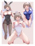  1girl absurdres animal_ears barefoot bikini black_bow black_bowtie black_leotard black_pantyhose blue_one-piece_swimsuit bow bowtie breasts brown_eyes cat_ears cleavage commentary_request competition_swimsuit cropped_legs detached_collar feet_out_of_frame grey_hair highleg highleg_leotard highleg_swimsuit highres kneeling large_breasts leotard long_hair mashinatsu multicolored_clothes multicolored_swimsuit multiple_views one-piece_swimsuit original pantyhose paw_pose playboy_bunny rabbit_ears side-tie_bikini_bottom strapless strapless_leotard swimsuit thighband_pantyhose wrist_cuffs 