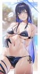  ... 1girl absurdres alternate_costume bikini black_bikini black_hair blue_archive blue_eyes blue_hair blue_halo blurry blurry_background blush bokeh border colored_inner_hair cowboy_shot day depth_of_field halo highres joacy long_hair looking_at_viewer multicolored_hair navel saori_(blue_archive) side-tie_bikini_bottom solo spoken_ellipsis stomach swimsuit white_border 