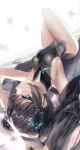  1girl armpits bare_legs black_coat black_dress black_hair blue_archive blue_eyes breasts bug butterfly coat dress groin hair_ornament hairclip halo highres kisaki_(blue_archive) looking_at_viewer lying natuna_natu simple_background small_breasts solo sweatdrop white_background 