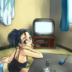  black_hair chips controller crt digital_media_player eating food hair_ornament hairclip high_ponytail kabane_(follabi) looking_at_viewer lowres original panties potato_chips remote_control short_ponytail solo spaghetti_strap tank_top television underwear watching_television 