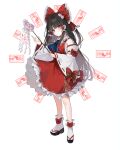  1girl absurdres detached_sleeves expressionless gohei hakurei_reimu highres holding holding_gohei jacket kani_nyan looking_at_viewer nontraditional_miko red_jacket red_skirt skirt solo spell_card touhou white_background white_sleeves 