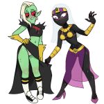 2018 4_fingers 5_fingers alien alien_humanoid black_body black_skin blush bottomwear breasts clothed clothing crossover disney duck_dodgers duo female female/female fingers footwear freckles gloves godch-iggy green_body green_skin hair hand_on_hip hand_on_own_hip handwear hi_res high_heels humanoid humanoid_pointy_ears lord_dominator martian midriff mouthless navel noseless not_furry panties pink_sclera purple_eyes queen_tyr&#039;ahnee shoes simple_background socks standing teeth topwear translucent translucent_clothing underwear wander_over_yonder white_background