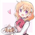  1girl :d blonde_hair bow bowtie collared_shirt gochuumon_wa_usagi_desu_ka? hair_between_eyes hair_ornament heart highres holding holding_plate hoto_cocoa long_hair long_sleeves looking_at_viewer na!_(na&#039;mr) open_mouth pink_vest plate purple_eyes rabbit_house_uniform red_bow red_bowtie shirt sketch smile solo upper_body vest white_shirt wing_collar 