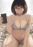  1girl barefoot bikini bob_cut breasts brown_eyes dated glasses hadashi_no_kenji highres holding holding_phone indoors jimiko navel on_bed original phone semi-rimless_eyewear short_hair sitting solo striped_bikini striped_clothes sweat swimsuit wariza 