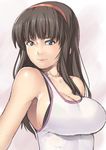  bare_shoulders black_bra blue_eyes bra bra_strap breasts brown_hair cleavage dead_or_alive hairband hitomi_(doa) impossible_clothes large_breasts lips long_hair nagase_haruhito sideboob smile solo tank_top underwear 