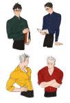 2boys akaashi_keiji black_eyes black_hair black_pants blue_shirt bokuto_koutarou book chengongzi123 closed_mouth collared_shirt cropped_legs crossed_arms glasses green_shirt grey_hair haikyuu!! hand_on_own_hip hand_up highres holding holding_book long_sleeves looking_at_object looking_at_viewer looking_down looking_to_the_side male_focus multicolored_hair multiple_boys multiple_views pants reading red_shirt shirt short_hair simple_background streaked_hair thick_eyebrows very_short_hair white_background yellow_eyes yellow_shirt 