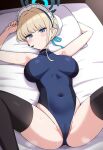  1girl ai-assisted athletic_leotard black_thighhighs blonde_hair blue_archive blue_eyes blue_halo blue_leotard breasts bun_cover covered_navel earpiece hair_bun halo highleg highleg_leotard highres large_breasts leotard lying on_back pyooon_pyooon solo thighhighs toki_(blue_archive) 