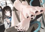  1girl absurdres animal_ear_fluff animal_ears bare_legs barefoot black_hair black_nails blue_archive blue_halo bright_pupils cat&#039;s_cradle cat_ears cat_tail commentary feet foot_focus foreshortening grey_eyes halo highres indoors kikyou_(blue_archive) knees_up legs long_sleeves looking_at_viewer medium_hair multiple_tails nail_polish on_chair panties partially_visible_vulva pop88715091pop sailor_collar solo tail thighs toenail_polish toenails toes two_tails underwear white_panties white_pupils 