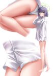  1girl absurdres ahoge ass barefoot blue_archive blush breasts collared_shirt green_eyes green_halo halo highres large_breasts multiple_views open_mouth panties purple_hair saki_(blue_archive) shira_jun shirt short_hair simple_background sleeves_past_fingers sleeves_past_wrists thighs underwear white_background white_panties white_shirt 