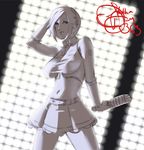  bare_shoulders crop_top eu03 meiko microphone midriff miniskirt monochrome navel short_hair skirt solo stage_lights tattoo vocaloid 