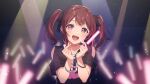  1girl absurdres bang_dream! blush bracelet character_request check_character clothing_cutout double_finger_heart finger_heart glowstick hair_ribbon heart heart_in_eye highres jewelry light_particles negoma54 open_mouth purple_eyes ribbon shoulder_cutout smile solo stage_lights symbol_in_eye toyama_kasumi twintails 