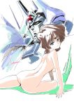  1girl ass breasts brown_hair character_request completely_nude highres jewelry le_deus looking_at_viewer looking_back makyou_gaiden_le_deus mecha medium_breasts medium_hair nude robot signature sitting sketch yoshinaga_masahiro 
