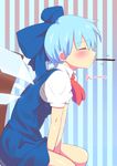  ascot blue_eyes blue_hair blush cirno closed_eyes eating food from_side ice ice_wings kobii pocky short_hair solo striped striped_background touhou v_arms vertical-striped_background vertical_stripes wings 