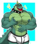 absurd_res alligatorid anthro big_pecs bulge clothing crocodilian eyewear glasses green_body hi_res jewelry male mike_dramon_(artist) muscular muscular_male necklace nipples open_mouth pecs reptile scalie smile solo underwear