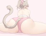  1girl animal_ears ass blue_eyes bow brown_hair cat_ears cat_girl deathalice final_fantasy final_fantasy_xiv from_behind hair_bow highres miqo&#039;te panties pink_background pink_bow pink_panties ponytail short_hair simple_background solo underwear 