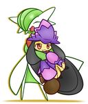  concave eating eyes_closed food gardevoir green_hair hat holding horn mawile mismagius mismagius_(cosplay) no_humans pokemon red_eyes simple_background smile white_hair witch witch_hat 