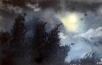  animal bird bush cloud cloudy_sky full_moon grass highres moon night night_sky no_humans original painting_(medium) plant scenery shadow shibakaka sky traditional_media watercolor_(medium) 