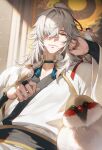  1boy absurdres ajrtkf44 alternate_costume arm_up bird bird_on_hand chinese_clothes hair_between_eyes hair_over_one_eye hair_ribbon hand_on_own_head highres honkai:_star_rail honkai_(series) jing_yuan light_smile long_hair long_sleeves male_focus mole mole_under_eye red_ribbon ribbon shirt sidelocks upper_body white_hair white_shirt yellow_eyes 