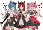  3girls absurdres alternate_costume ascot bare_shoulders black_ascot black_bow black_dress black_gloves black_hat black_skirt blue_eyes blue_hair bow bubble_skirt cane capelet chinese_commentary commentary_request cowboy_shot crown demon_horns demon_wings detached_collar dress elbow_gloves fangs frilled_capelet frilled_skirt frills gem gloves grey_thighhighs half_gloves halloween_costume hand_on_cane hand_on_own_chest hand_up heart-shaped_gem highres horns kaname_madoka long_hair looking_at_viewer mahou_shoujo_madoka_magica mahou_shoujo_madoka_magica_(anime) miki_sayaka multiple_girls open_mouth ouge_dz parted_bangs pink_eyes pink_hair polearm puffy_short_sleeves puffy_sleeves red_eyes red_gemstone red_hair red_thighhighs sakura_kyoko short_hair short_sleeves short_twintails simple_background single_thighhigh skin_fangs skirt smile standing strapless strapless_dress thigh_strap thighhighs trident twintails weapon weibo_logo weibo_username white_background white_capelet wings wrist_cuffs 