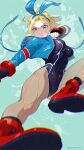  1girl alternate_costume blonde_hair blue_eyes boots cammy_white combat_boots jacket kicking leotard looking_at_viewer ribbon scar scar_on_cheek scar_on_face short_hair solo street_fighter street_fighter_6 thong_leotard yonezawa_mao 