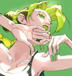  1girl closed_mouth cutiicosmo double_bun eyeliner from_below green_background green_eyeliner green_eyes green_hair green_lips green_nails hair_bun highres jojo_no_kimyou_na_bouken kujo_jolyne looking_to_the_side makeup parted_bangs ponytail shirt simple_background sleeveless sleeveless_shirt solo 