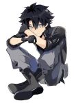  1boy black_gloves black_hair black_shirt blue_eyes boots cross-laced_footwear crossed_ankles fate/grand_order fate_(series) fujimaru_ritsuka_(male) full_body gloves grey_eyes grey_pants hair_between_eyes looking_at_viewer male_focus pants ptptprpr shirt short_hair sitting smile solo white_background 