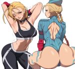  blonde_hair blue_eyes camie_(one_piece) cammy_white exercise gloves gym_uniform non-web_source street_fighter stretching swimsuit 
