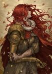  1girl amputee armor artelsia bug butterfly cape dress elden_ring gold_armor highres long_hair malenia_blade_of_miquella mechanical_arms prosthesis prosthetic_arm red_cape red_hair scar single_mechanical_arm solo wavy_hair 