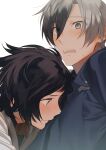  2boys akiyoshi_haru black_hair blush close-up collared_shirt commentary_request from_side green_eyes grey_hair hair_between_eyes head_on_chest jude_mathis looking_at_viewer ludger_will_kresnik male_focus multicolored_hair multiple_boys open_mouth profile shirt short_hair surprised sweatdrop tales_of_(series) tales_of_xillia tales_of_xillia_2 two-tone_hair white_background wide-eyed yaoi 