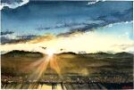  blue_sky cloud cloudy_sky grass highres light_rays morning mountainous_horizon no_humans orange_sky original painting_(medium) scenery shadow shibakaka sky sunlight sunrise traditional_media 