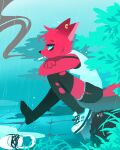 2024 absurd_res anthro canid canine cigarette clothed clothing detailed_background digital_media_(artwork) footwear fox fully_clothed fur hi_res hydrabb mammal outside plant puddle raining red_body red_fur shoes smoke smoking smoking_cigarette solo