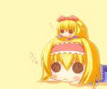  2girls alice_margatroid black_eyes blonde_hair chibi chibi_on_head female hairband long_hair multiple_girls noiz open_mouth pixiv_thumbnail ribbon shanghai shanghai_doll short_hair simple_background solid_circle_eyes tears touhou 