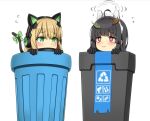  2girls animal_ear_headphones animal_ears arrow_(symbol) black_gloves black_hair blue_archive blunt_bangs cat_ear_headphones cat_tail commentary_request crossover fake_animal_ears fake_tail flying_sweatdrops girls&#039;_frontline gloves green_eyes hair_between_eyes hairband halo headphones in_trash_can leaf leaf_on_head light_brown_hair long_hair looking_at_another miyu_(blue_archive) multiple_girls ouga_(user_ctzw2237) peeking_out rabbit_ears recycle_bin recycling_symbol red_eyes sidelocks simple_background tail tmp_(girls&#039;_frontline) trash_can white_background 