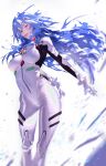  1girl arms_behind_back artist_logo ayanami_rei blue_hair blush bodysuit breasts feet_out_of_frame hair_ornament highres long_hair medium_breasts neon_genesis_evangelion parted_lips pink_lips plugsuit rebuild_of_evangelion red_eyes simple_background solo uchiha_i_arts white_background white_bodysuit 